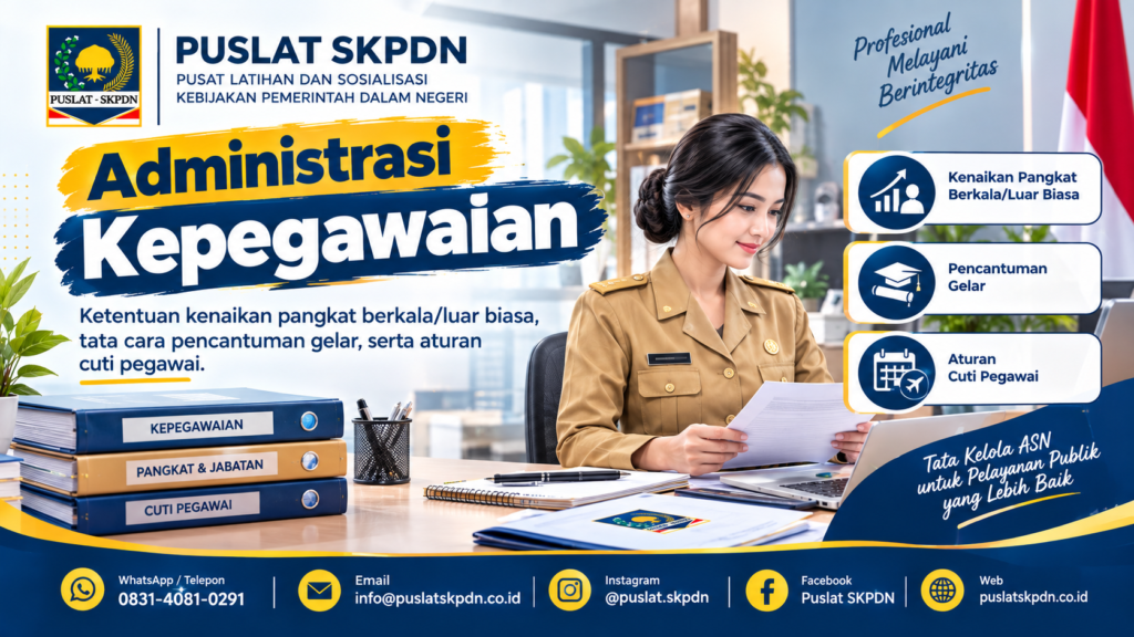 Bimtek Administrasi Kepegawaian Ketentuan kenaikan pangkat berkala/luar biasa, tata cara pencantuman gelar, serta aturan cuti pegawai.
